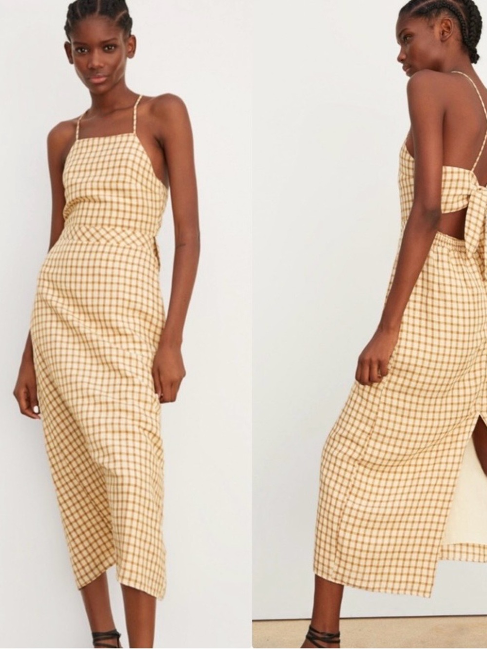 Zara brown plaid gingham tie back midi dress strappy